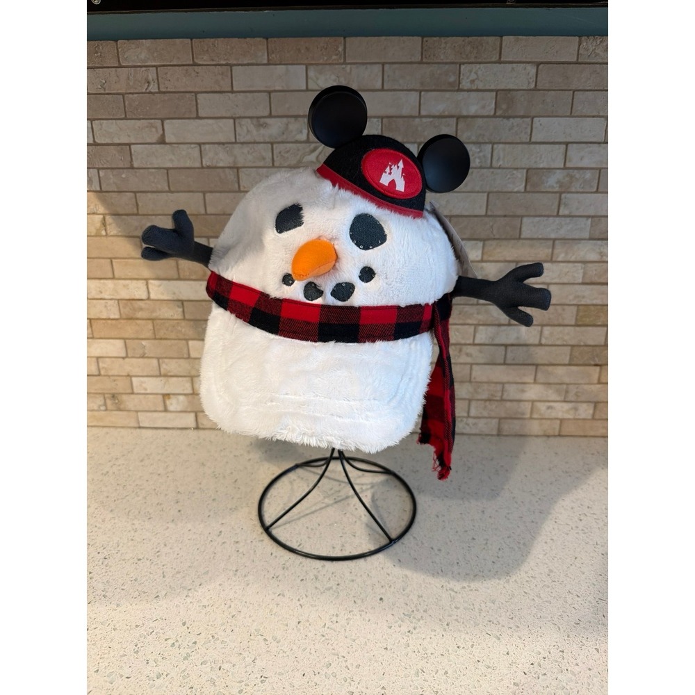 Disney Parks Light Up Snowman Plush Hat Buffalo Plaid Scarf Mickey Ears NWT